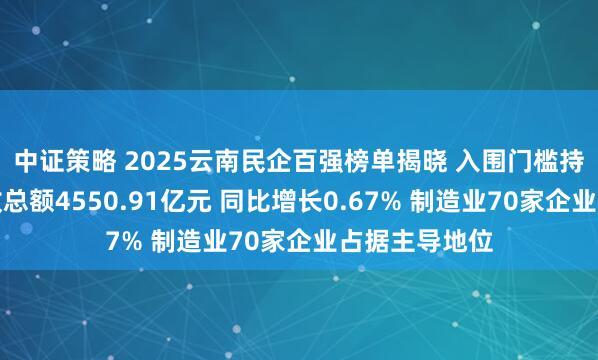 中证策略 2025云南民企百强榜单揭晓 入围门槛持续提升：营收总额4550.91亿元 同比增长0.67% 制造业70家企业占据主导地位